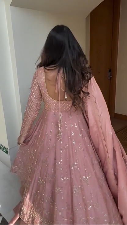 Blush Pink Crap Silk Hand Embroidered Anarkali Suit Set with Dupatta – Premium Festive Wear