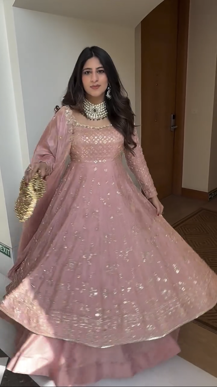 Blush Pink Crap Silk Hand Embroidered Anarkali Suit Set with Dupatta – Premium Festive Wear