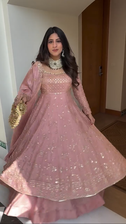 Blush Pink Crap Silk Hand Embroidered Anarkali Suit Set with Dupatta – Premium Festive Wear