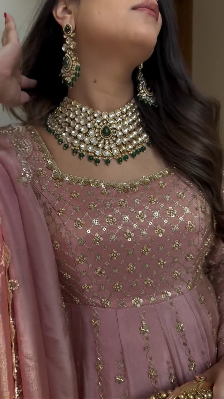 Blush Pink Crap Silk Hand Embroidered Anarkali Suit Set with Dupatta – Premium Festive Wear