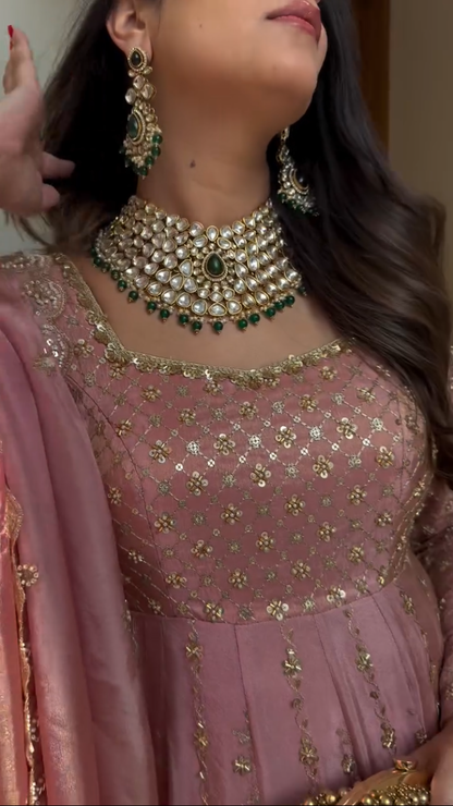 Blush Pink Crap Silk Hand Embroidered Anarkali Suit Set with Dupatta – Premium Festive Wear