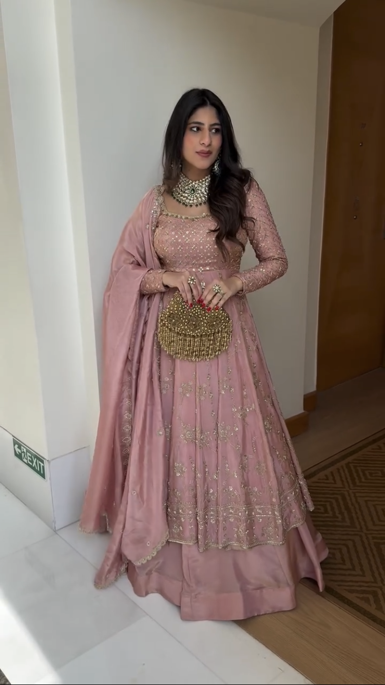 Blush Pink Crap Silk Hand Embroidered Anarkali Suit Set with Dupatta – Premium Festive Wear