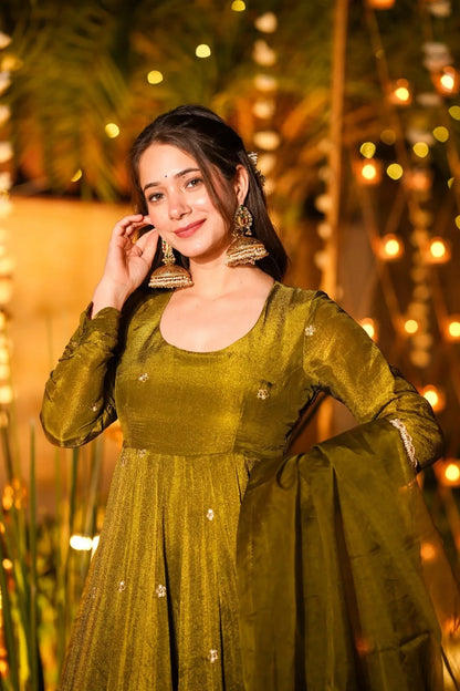 Women Olive Green Tissue Shimmer Anarkali Kurta Set with Organza Dupatta – Festive Wear