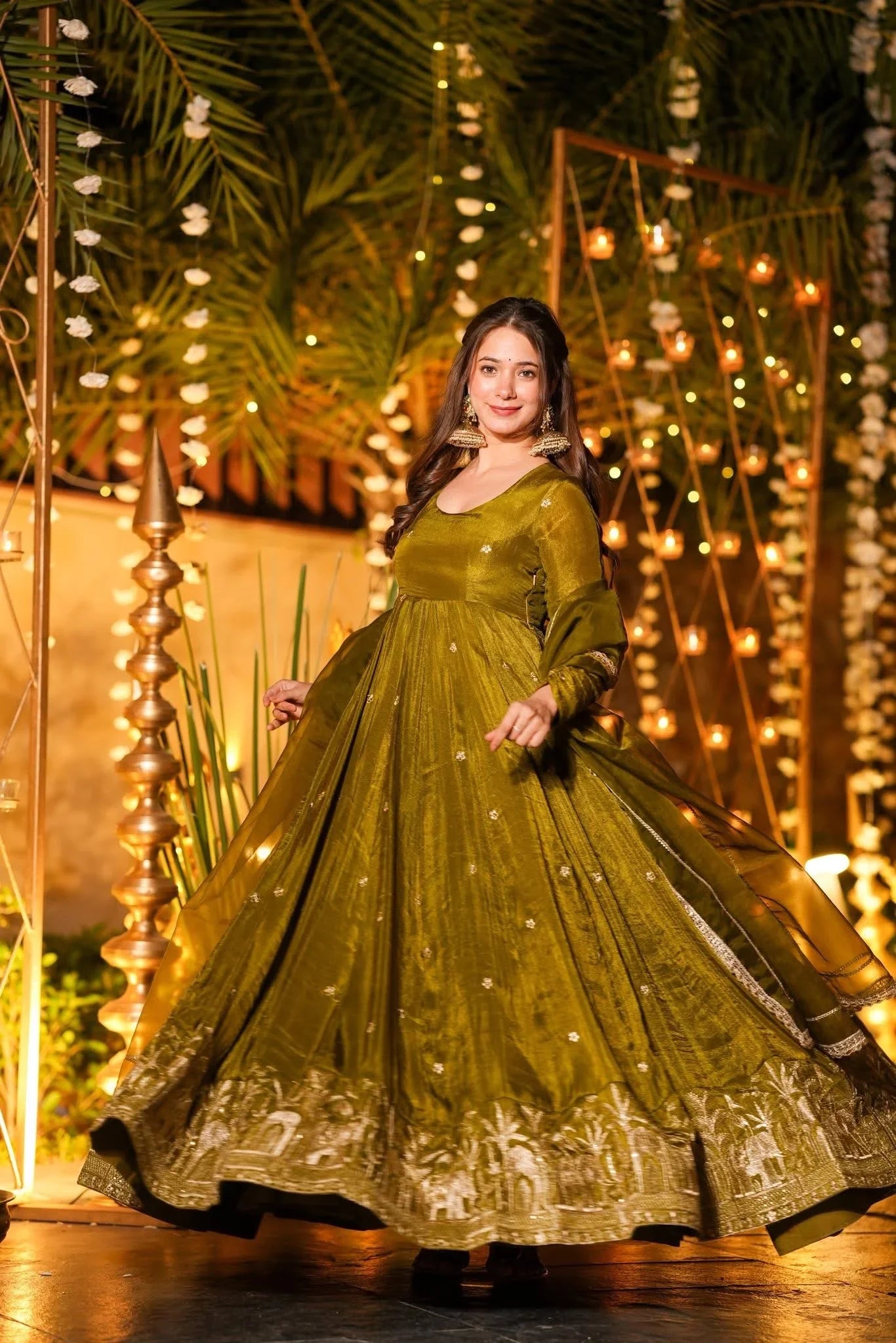Women Olive Green Tissue Shimmer Anarkali Kurta Set with Organza Dupatta – Festive Wear