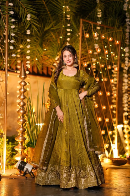 Women Olive Green Tissue Shimmer Anarkali Kurta Set with Organza Dupatta – Festive Wear