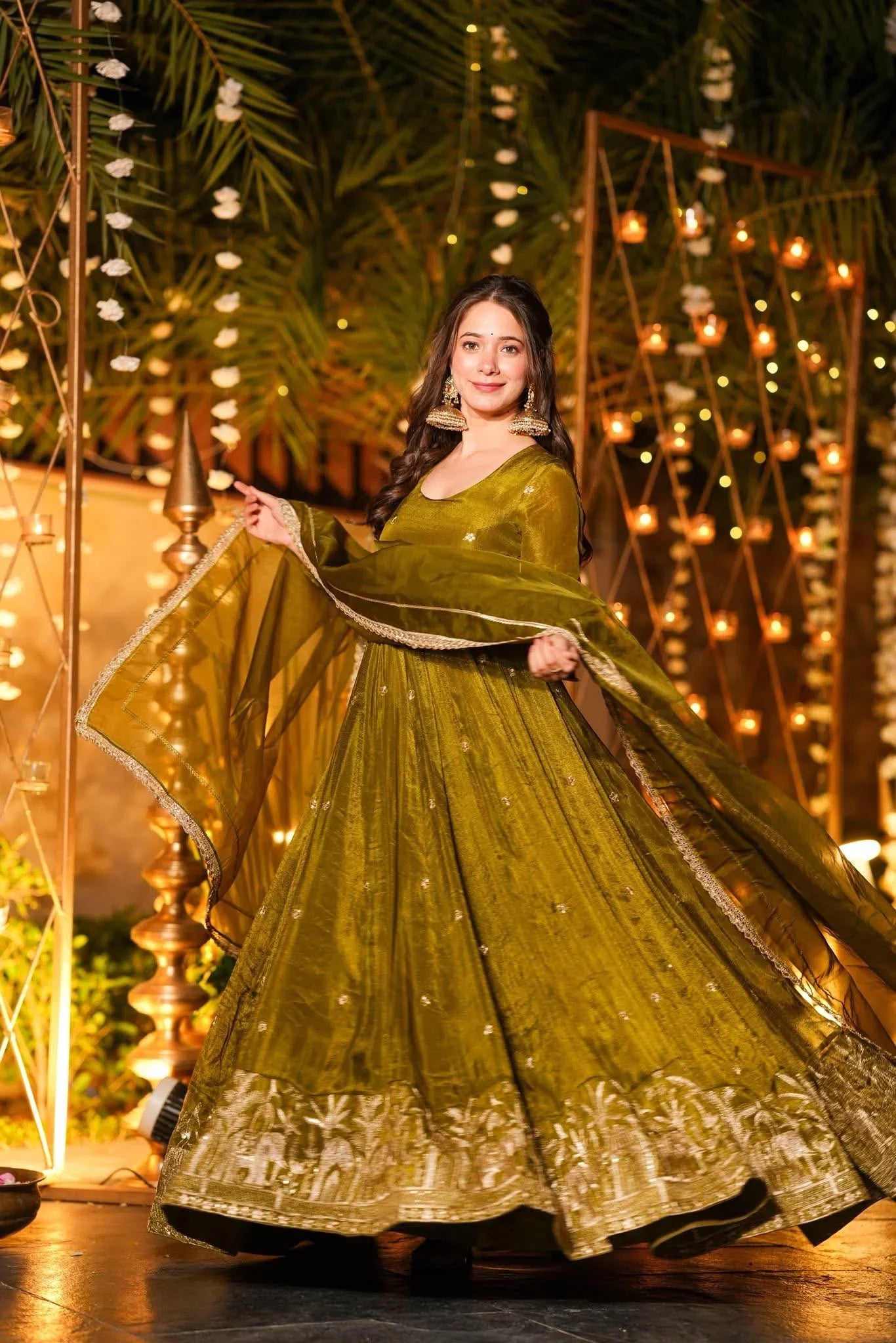 Women Olive Green Tissue Shimmer Anarkali Kurta Set with Organza Dupatta – Festive Wear