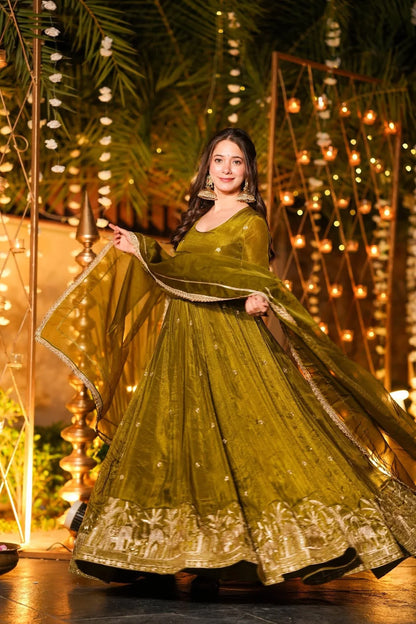 Women Olive Green Tissue Shimmer Anarkali Kurta Set with Organza Dupatta – Festive Wear