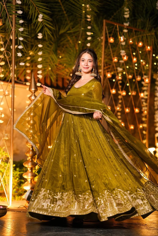 Women Olive Green Tissue Shimmer Anarkali Kurta Set with Organza Dupatta – Festive Wear