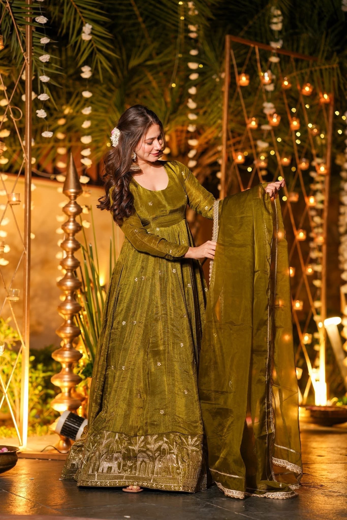 Women Olive Green Tissue Shimmer Anarkali Kurta Set with Organza Dupatta – Festive Wear