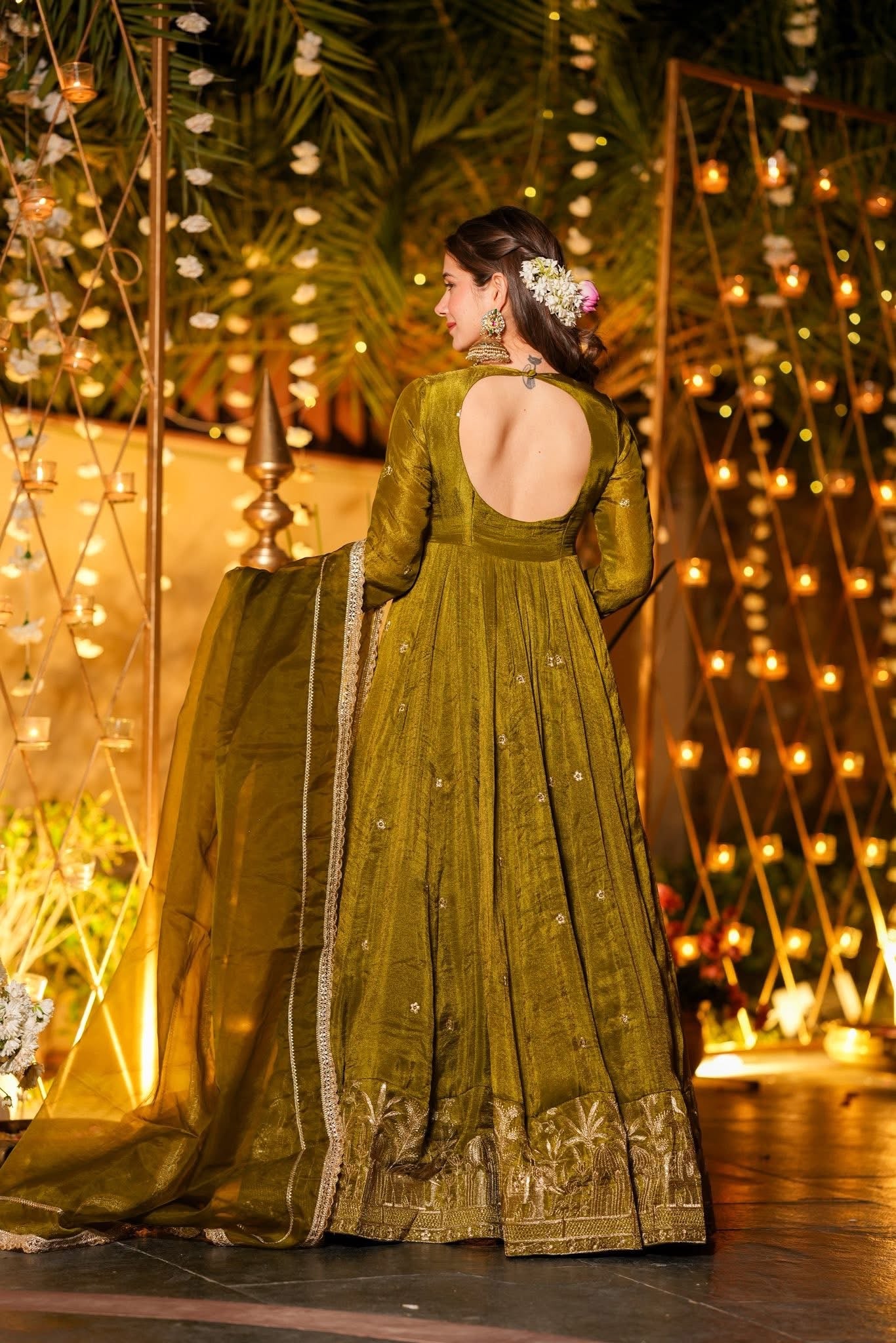 Women Olive Green Tissue Shimmer Anarkali Kurta Set with Organza Dupatta – Festive Wear