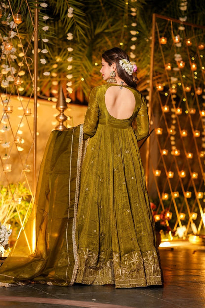 Women Olive Green Tissue Shimmer Anarkali Kurta Set with Organza Dupatta – Festive Wear