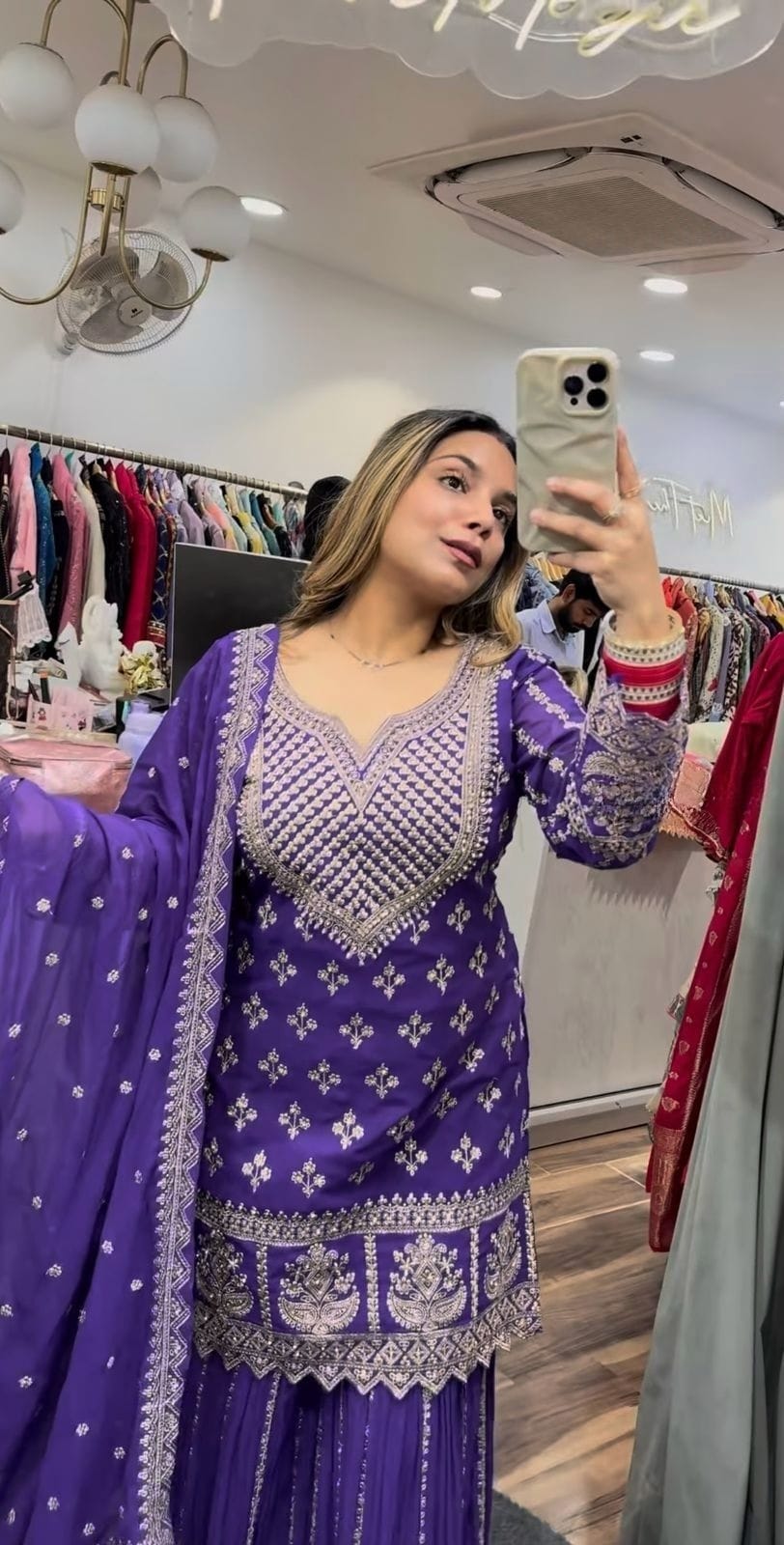 Designer Party Wear Top with Sharara Palazzo & Dupatta | Premium Chinnon Silk