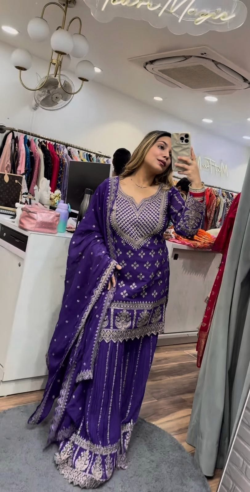 Designer Party Wear Top with Sharara Palazzo & Dupatta | Premium Chinnon Silk