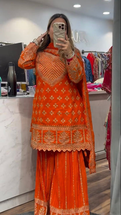 Designer Party Wear Top with Sharara Palazzo & Dupatta | Premium Chinnon Silk