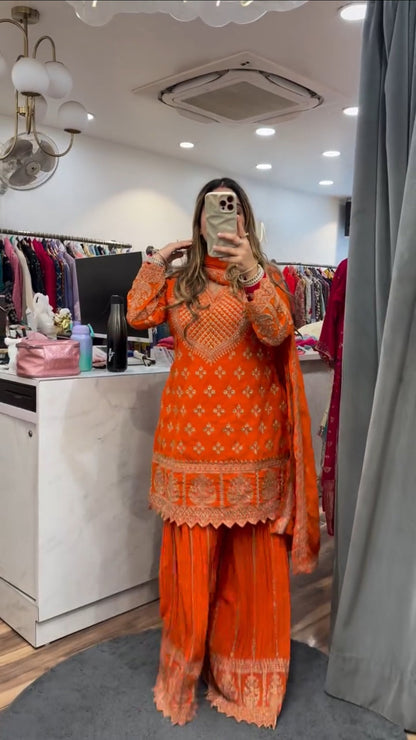 Designer Party Wear Top with Sharara Palazzo & Dupatta | Premium Chinnon Silk