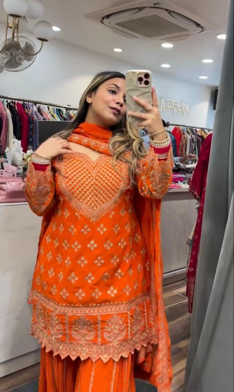 Designer Party Wear Top with Sharara Palazzo & Dupatta | Premium Chinnon Silk