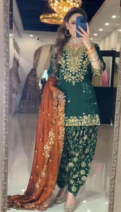 Designer Party Wear Chinon Silk Embroidered Top with Dhoti Salwar & Dupatta – NF-1258