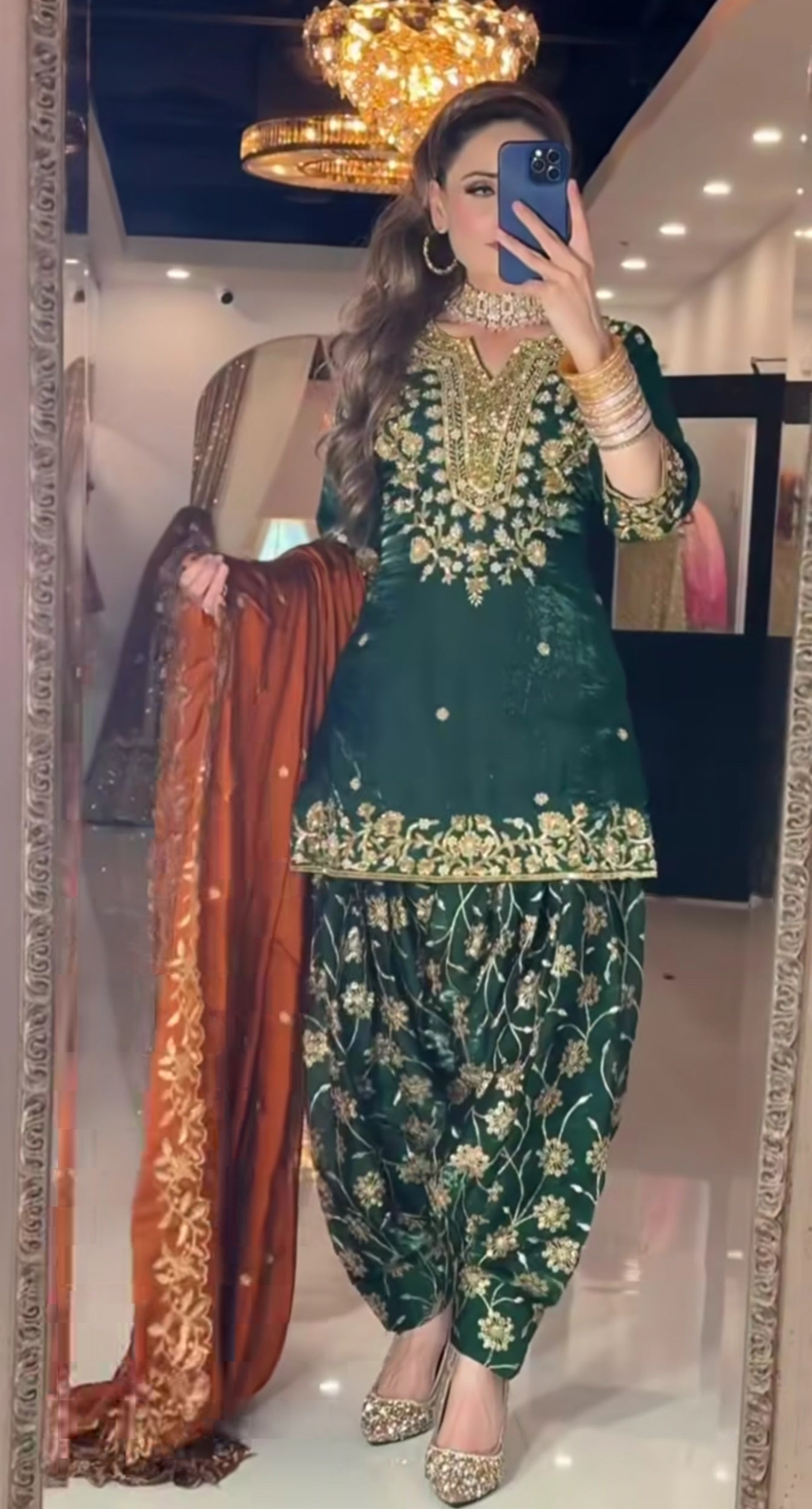 Designer Party Wear Chinon Silk Embroidered Top with Dhoti Salwar & Dupatta – NF-1258