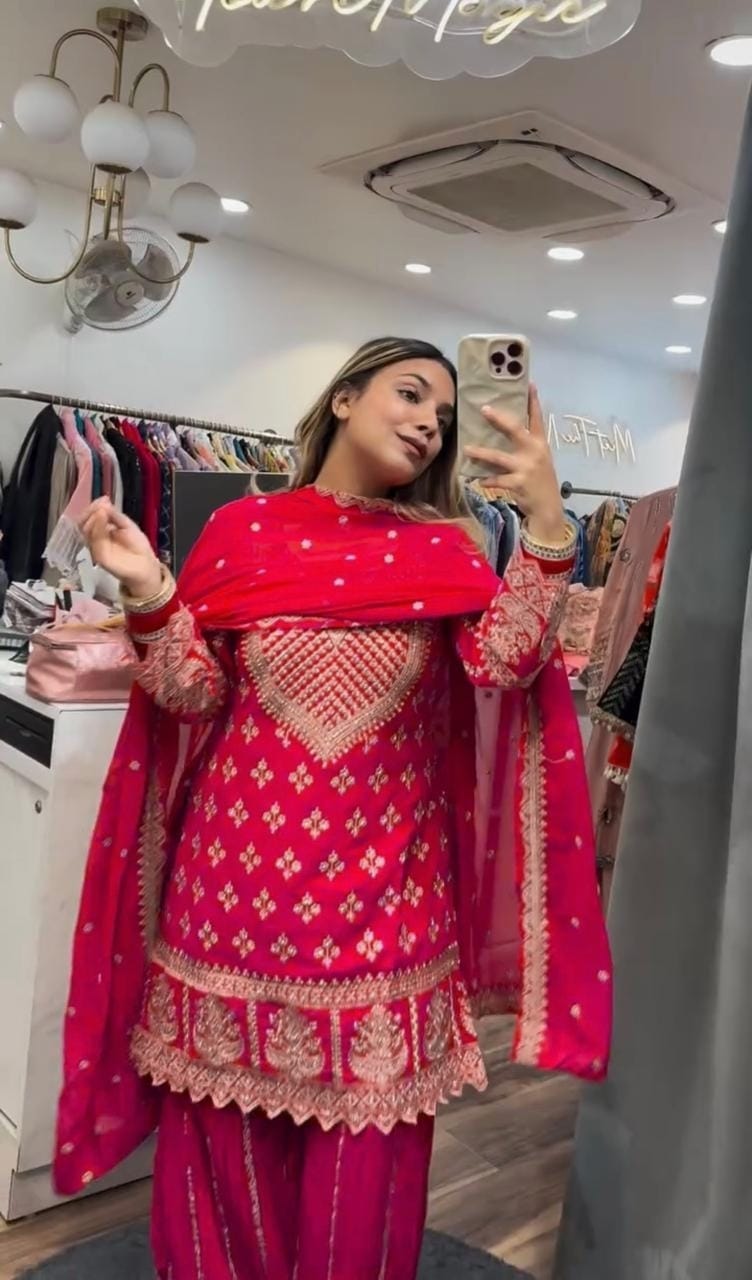 Designer Party Wear Top with Sharara Palazzo & Dupatta | Premium Chinnon Silk