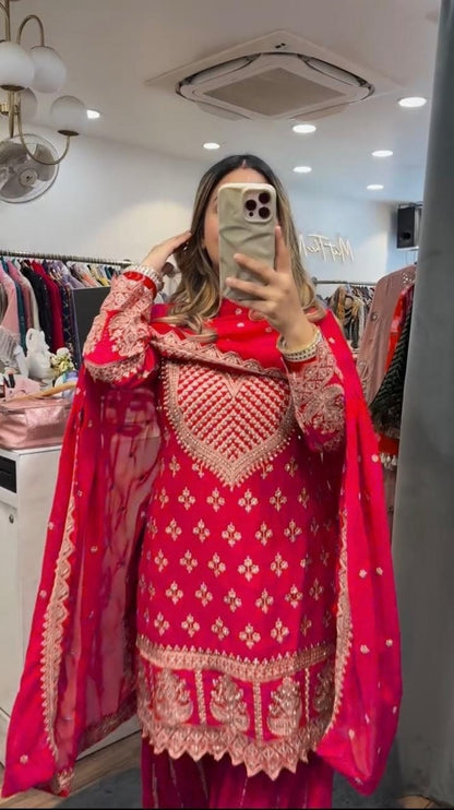 Designer Party Wear Top with Sharara Palazzo & Dupatta | Premium Chinnon Silk