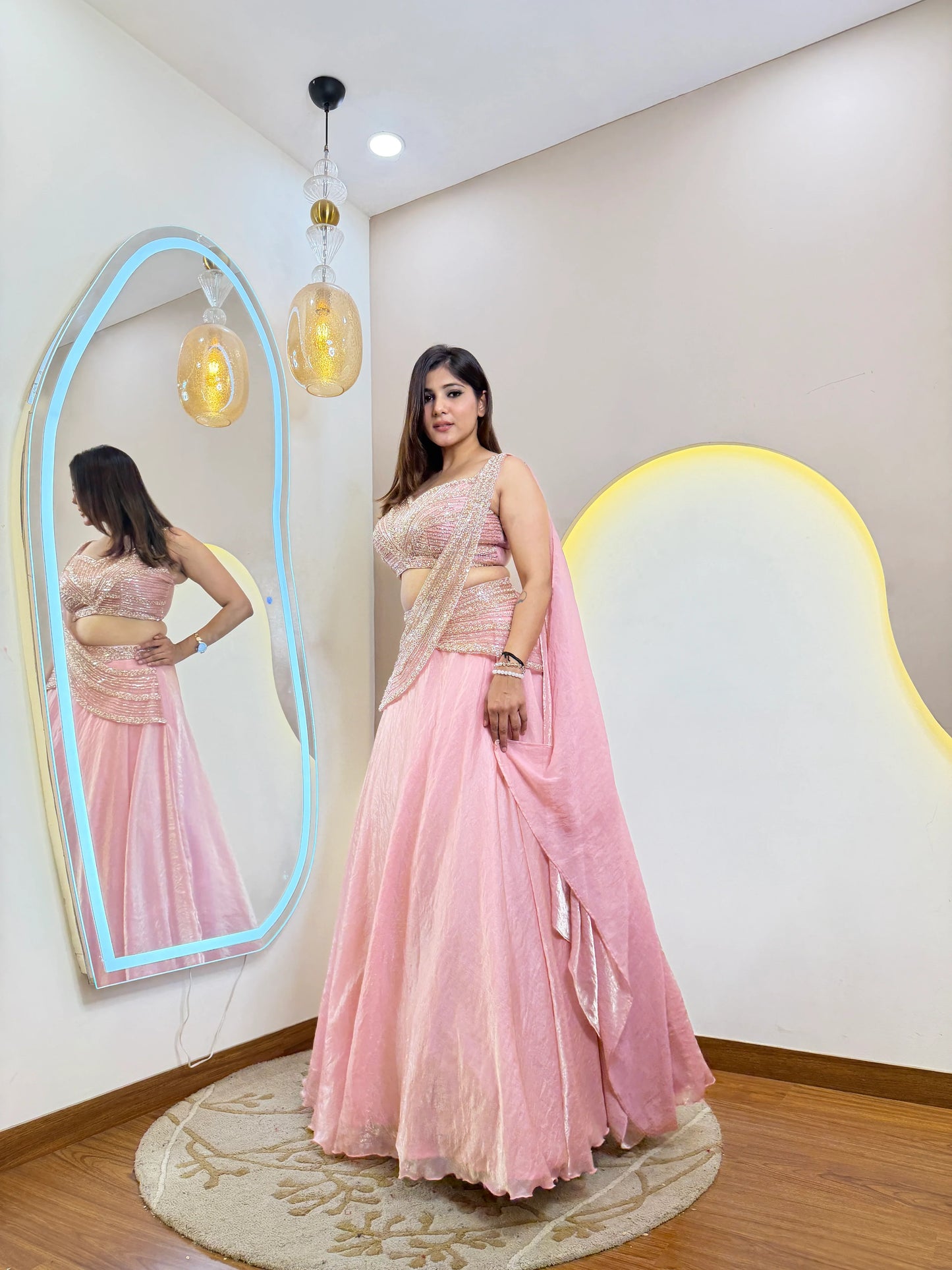 Pink Shimmer Tissue Organza Lehenga Set with Handwork Dupatta