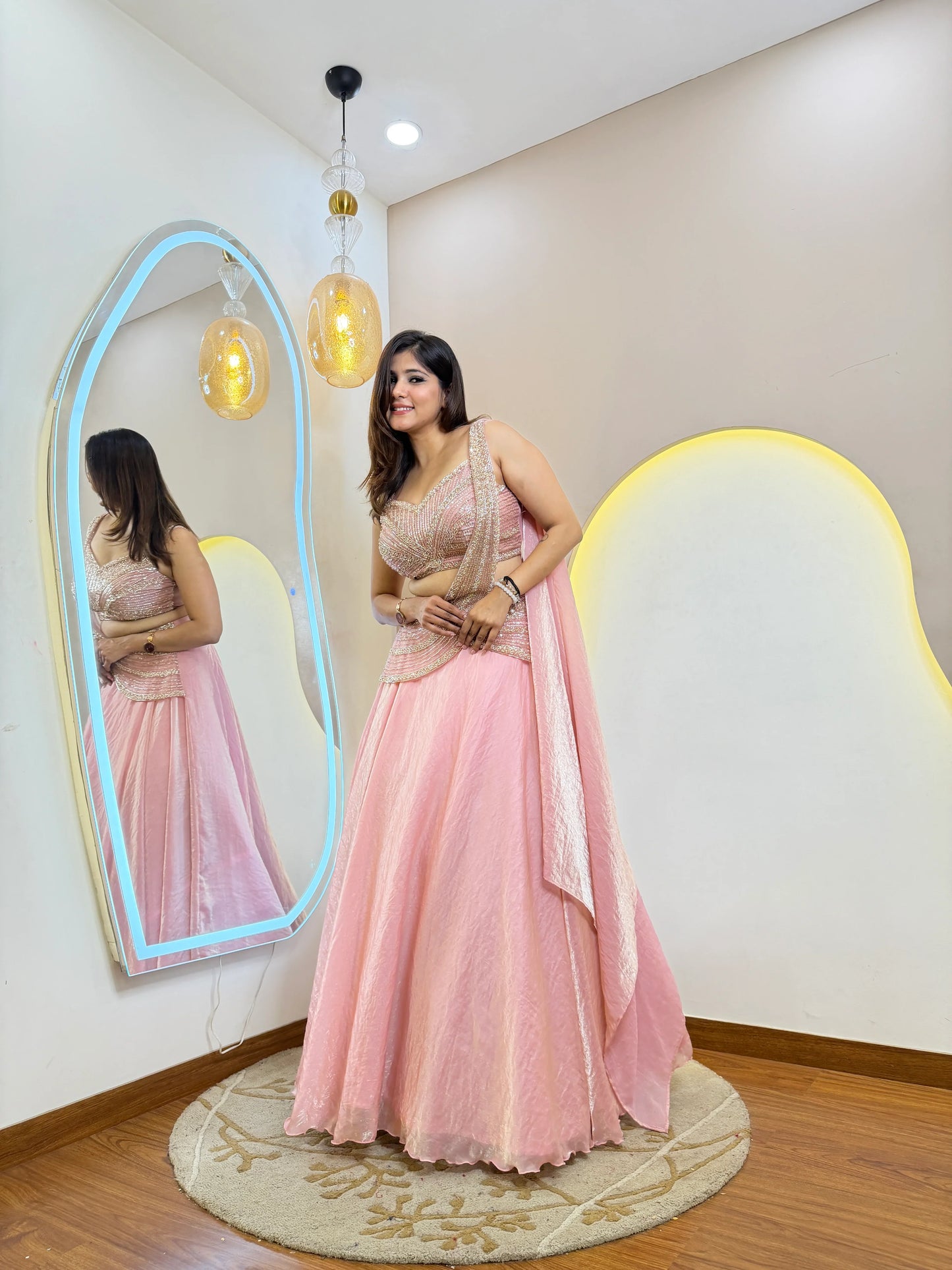 Pink Shimmer Tissue Organza Lehenga Set with Handwork Dupatta