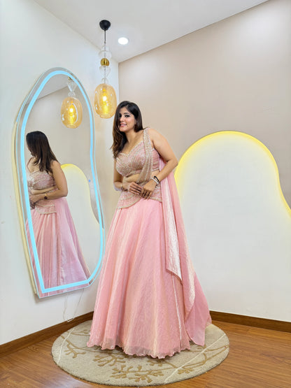 Pink Shimmer Tissue Organza Lehenga Set with Handwork Dupatta