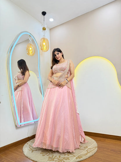 Pink Shimmer Tissue Organza Lehenga Set with Handwork Dupatta