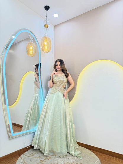 Green Shimmer Tissue Organza Lehenga Set with Handwork Dupatta