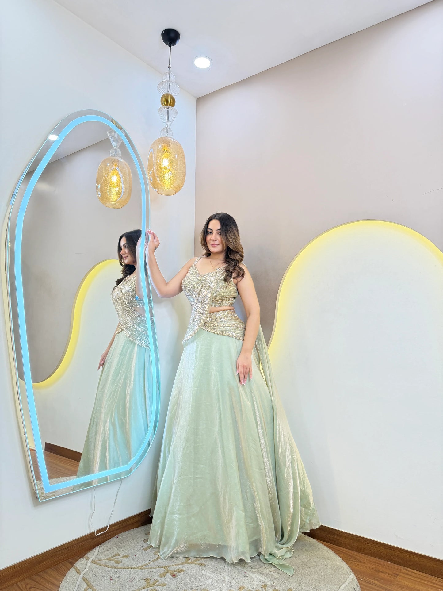 Green Shimmer Tissue Organza Lehenga Set with Handwork Dupatta