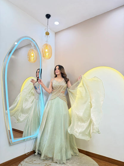 Green Shimmer Tissue Organza Lehenga Set with Handwork Dupatta