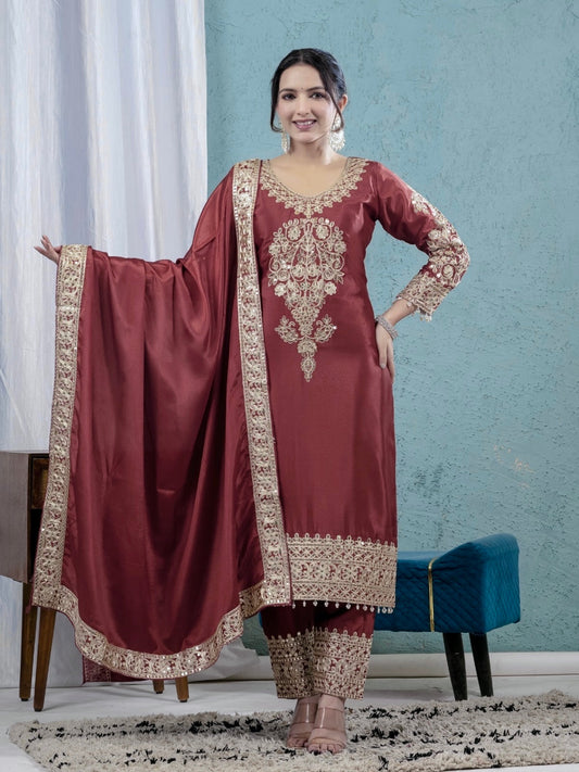 Premium Real Modelling Chinnon Silk Embroidered Suit-ND-5034