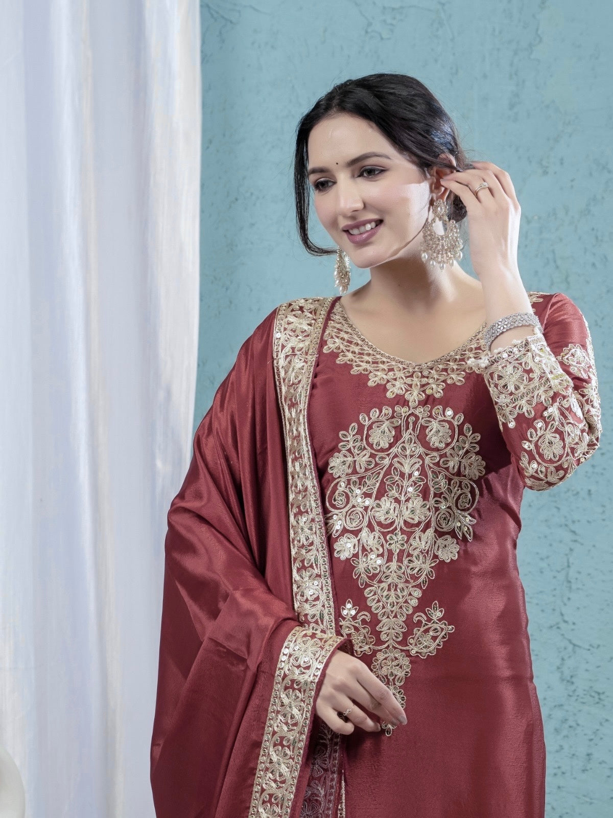 Premium Real Modelling Chinnon Silk Embroidered Suit-ND-5034