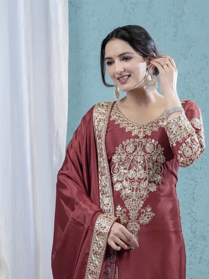 Premium Real Modelling Chinnon Silk Embroidered Suit-ND-5034