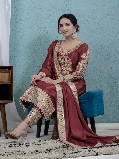 Premium Real Modelling Chinnon Silk Embroidered Suit-ND-5034