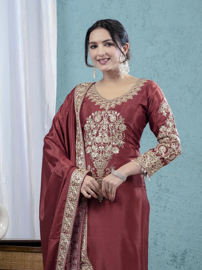 Premium Real Modelling Chinnon Silk Embroidered Suit-ND-5034