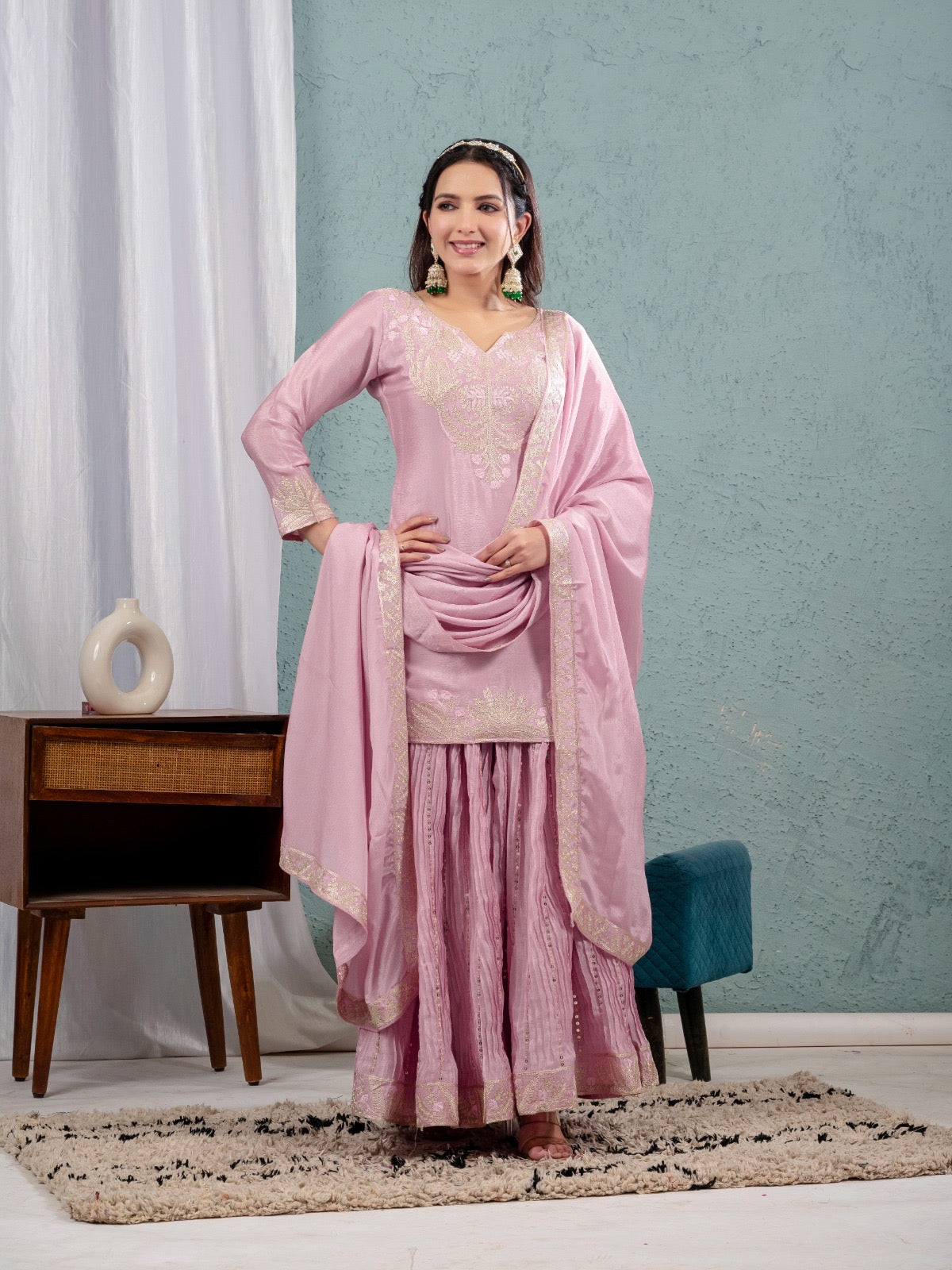 Luxury Partywear Sharara Suit – Chinnon Silk & Sequence Work (ND-5023)
