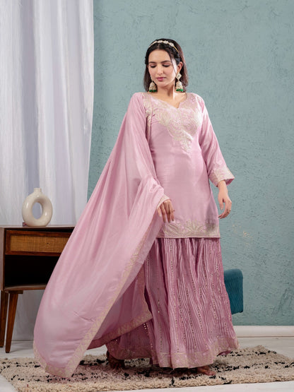 Luxury Partywear Sharara Suit – Chinnon Silk & Sequence Work (ND-5023)