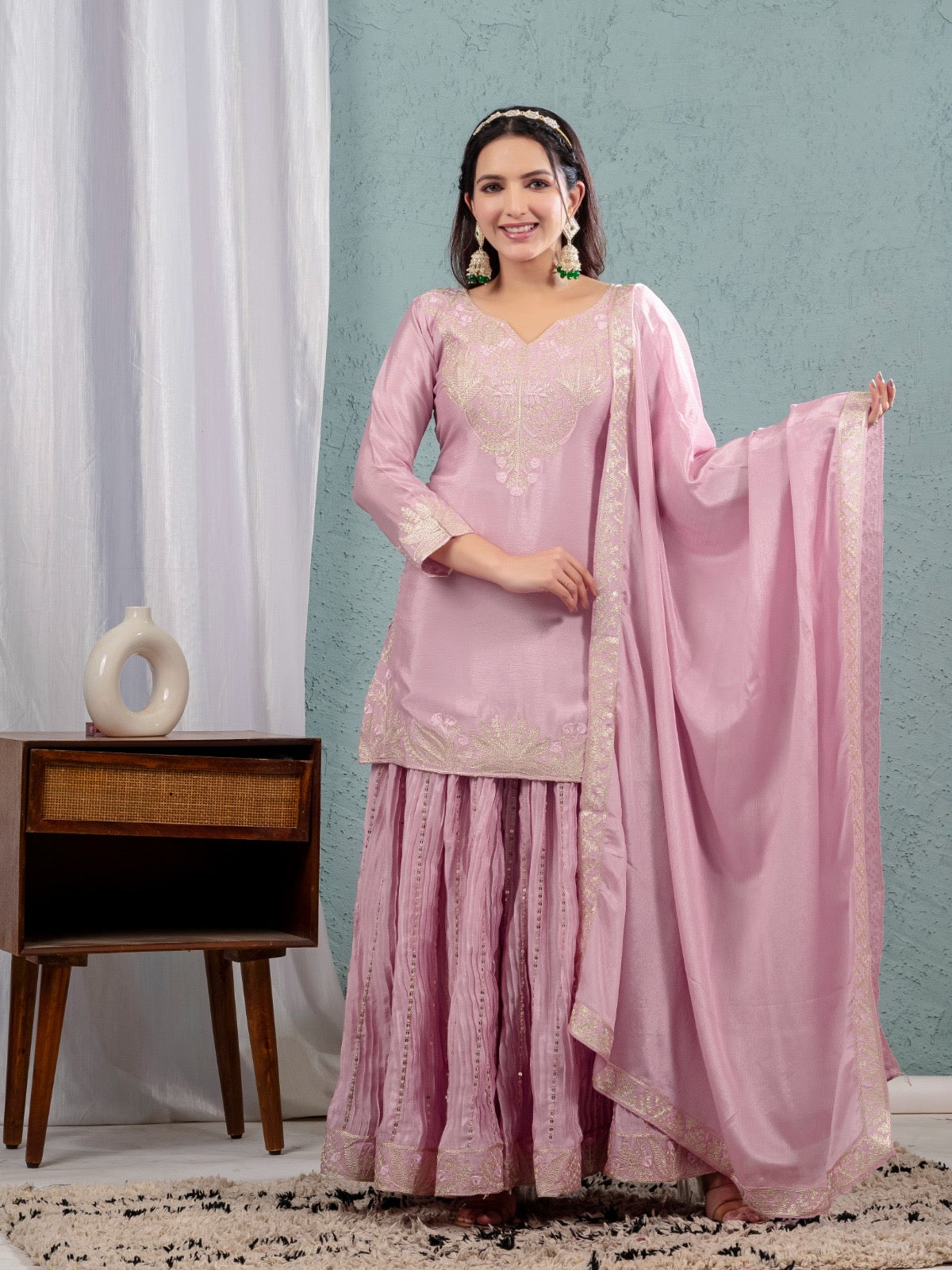 Luxury Partywear Sharara Suit – Chinnon Silk & Sequence Work (ND-5023)