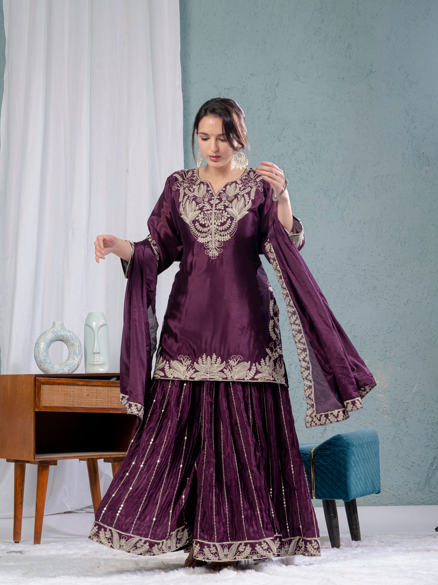 Luxury Partywear Sharara Suit – Chinnon Silk & Sequence Work (ND-5023)