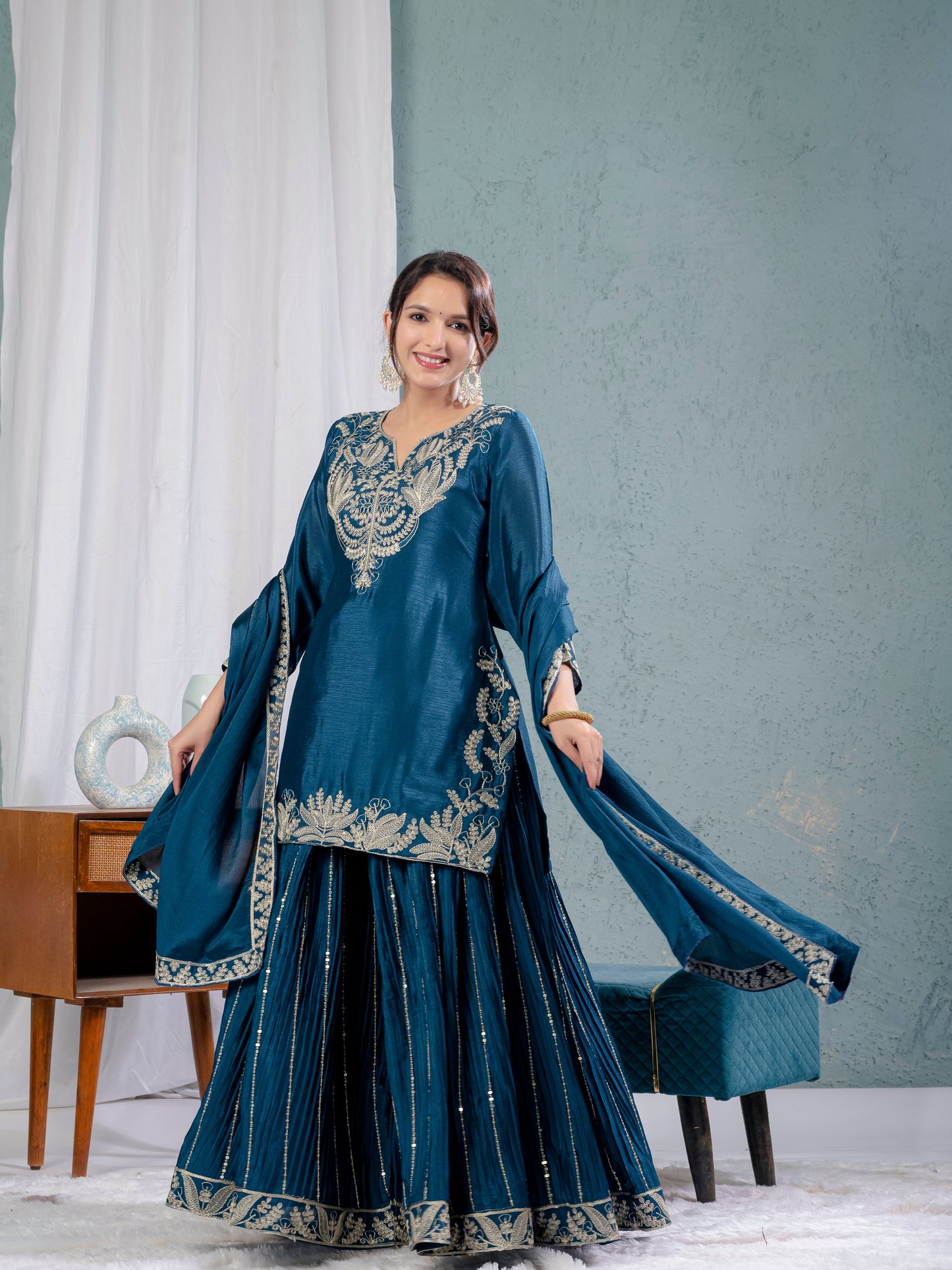 Luxury Partywear Sharara Suit – Chinnon Silk & Sequence Work (ND-5023)