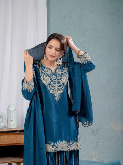Luxury Partywear Sharara Suit – Chinnon Silk & Sequence Work (ND-5023)