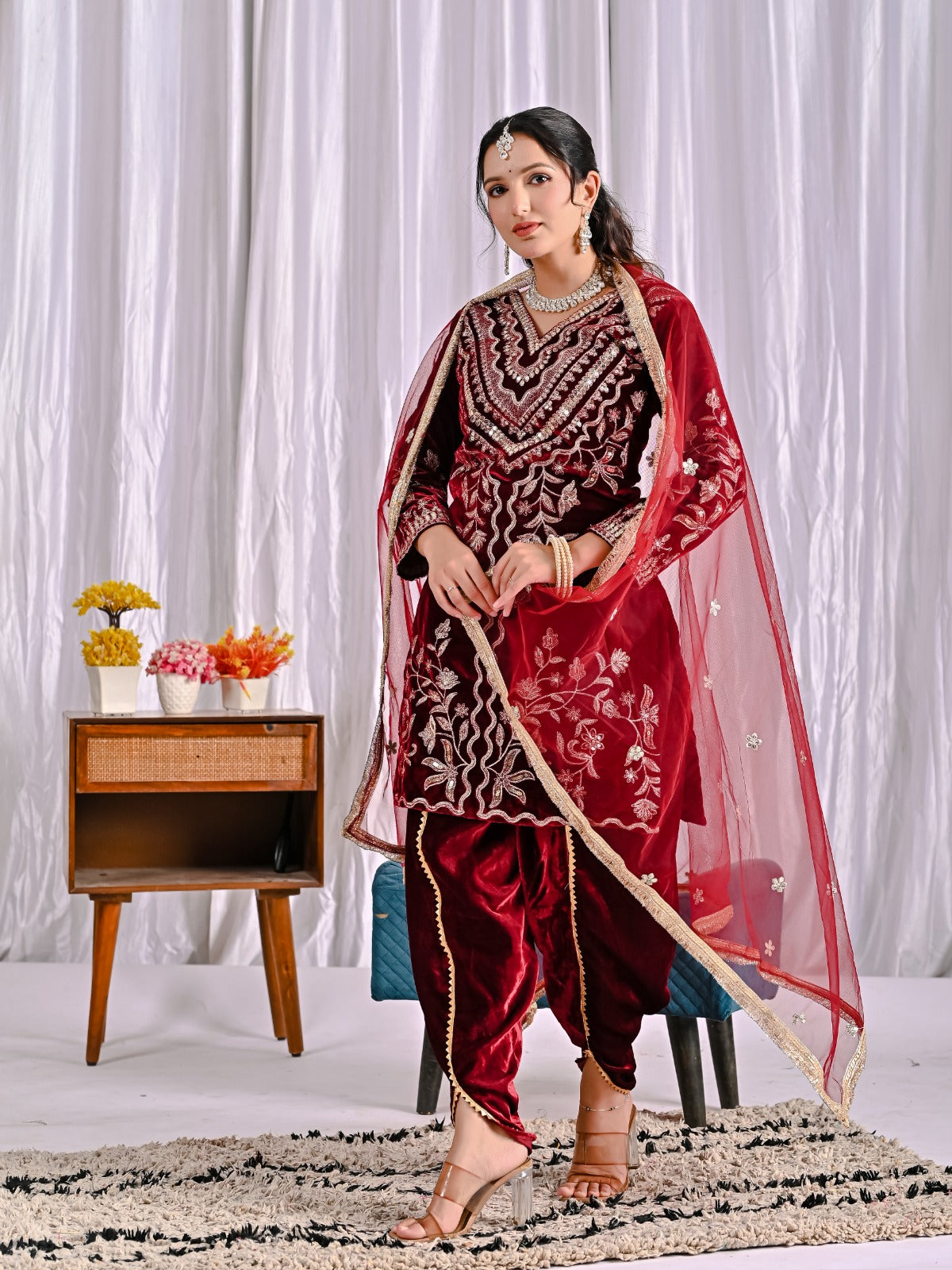 Velvet Embroidered Dhoti Set for Women – Heavy Viscose Velvet Kurta with Butterfly Net Dupatta | Sequin Work Ethnic Party Wear Outfit