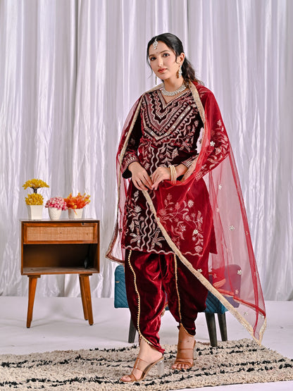 Velvet Embroidered Dhoti Set for Women – Heavy Viscose Velvet Kurta with Butterfly Net Dupatta | Sequin Work Ethnic Party Wear Outfit