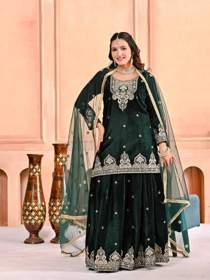 Designer Heavy Viscous Velvet Sharara Palazzo Set with Embroidery & Net Dupatta