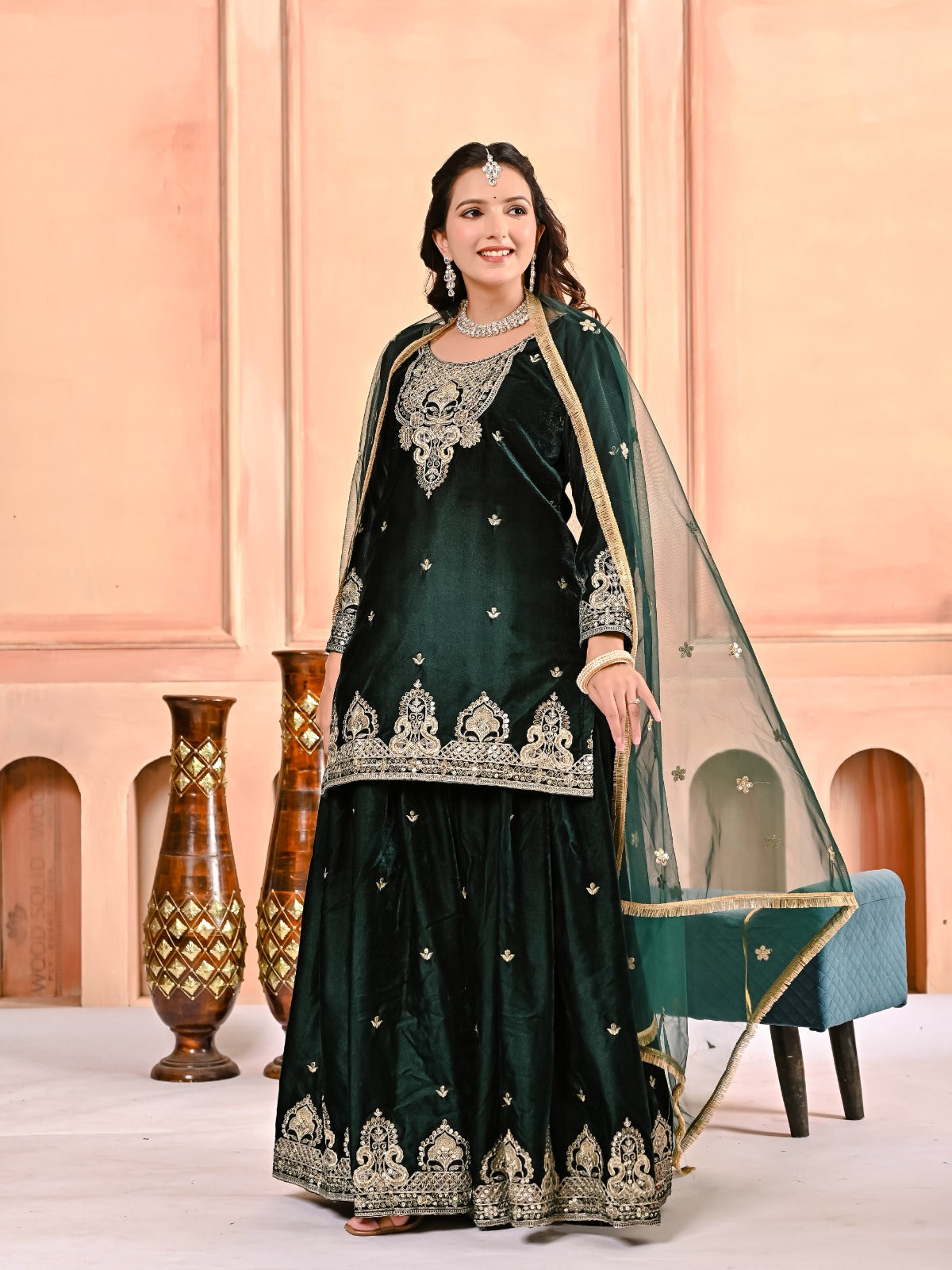 Designer Heavy Viscous Velvet Sharara Palazzo Set with Embroidery & Net Dupatta
