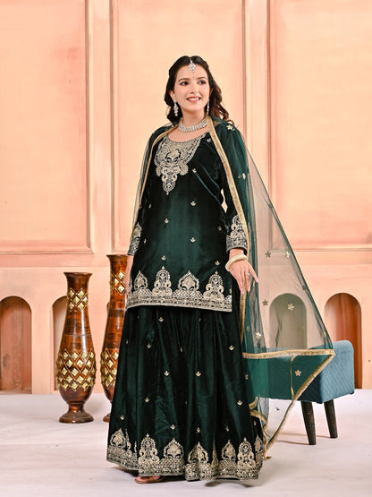 Designer Heavy Viscous Velvet Sharara Palazzo Set with Embroidery & Net Dupatta