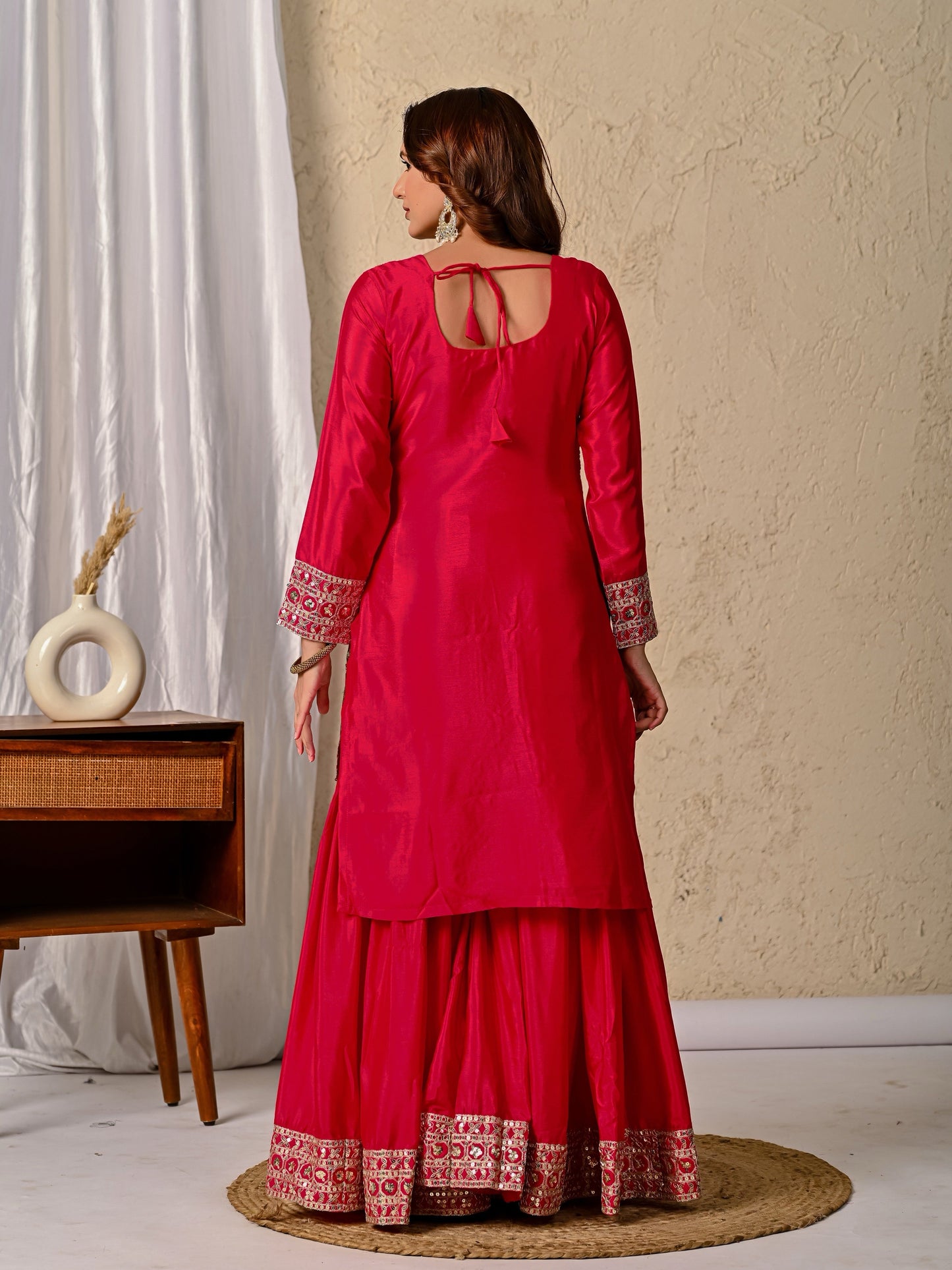 New Designer Chinnon Silk Party Wear Top, Sharara Palazzo & Dupatta Set-ND-5047