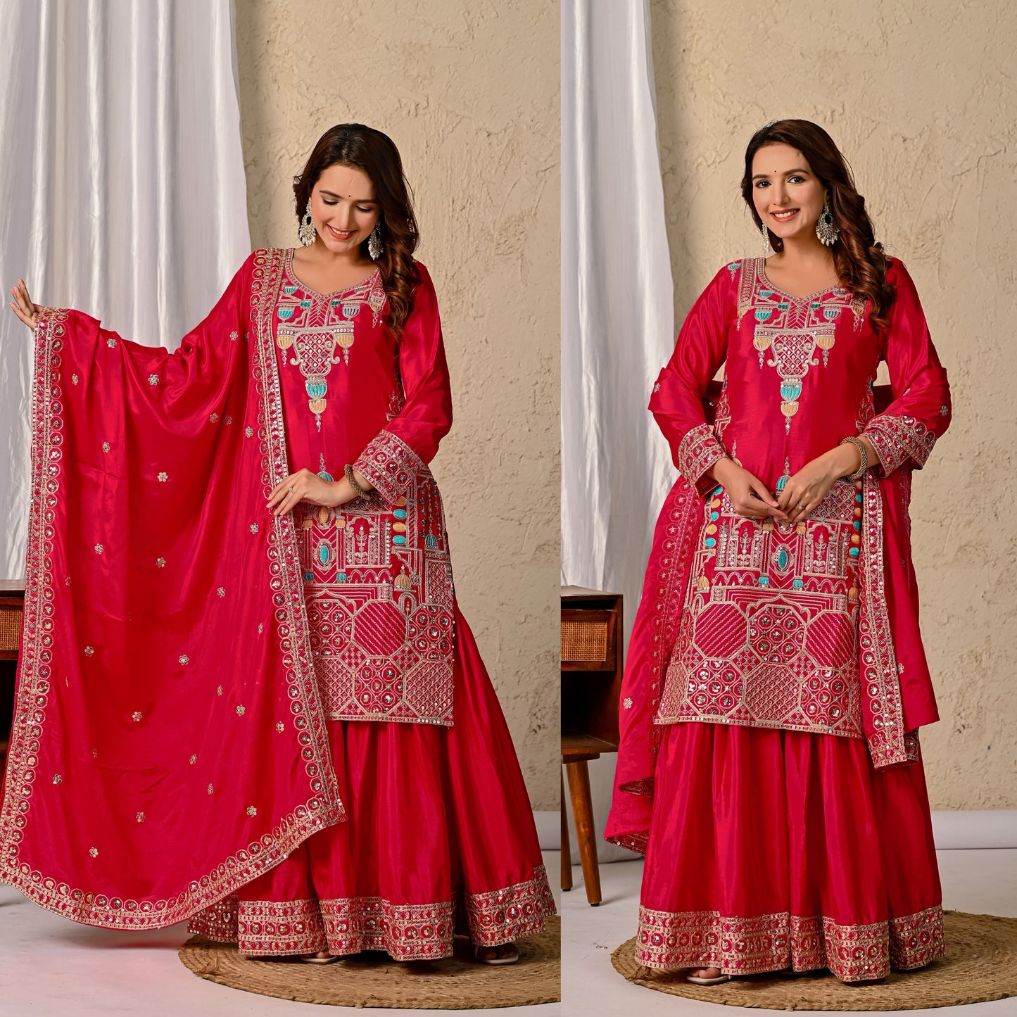 New Designer Chinnon Silk Party Wear Top, Sharara Palazzo & Dupatta Set-ND-5047