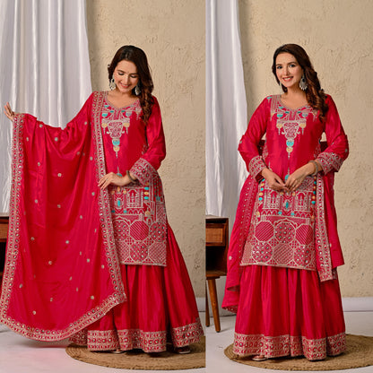 New Designer Chinnon Silk Party Wear Top, Sharara Palazzo & Dupatta Set-ND-5047